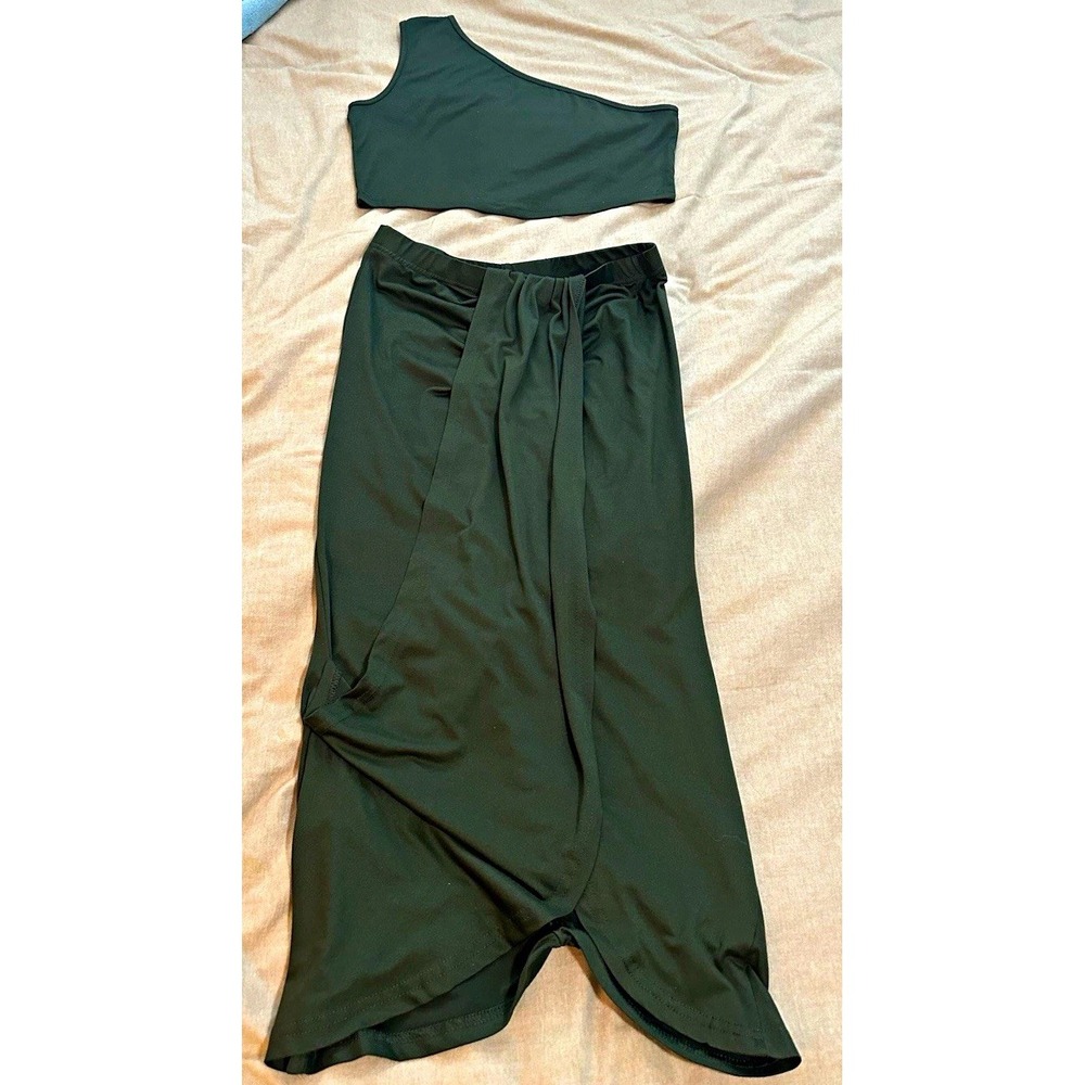 SHEIN 2-Piece Green Knit Ruched Skirt & One Shoulder Sleeveless Top Set L